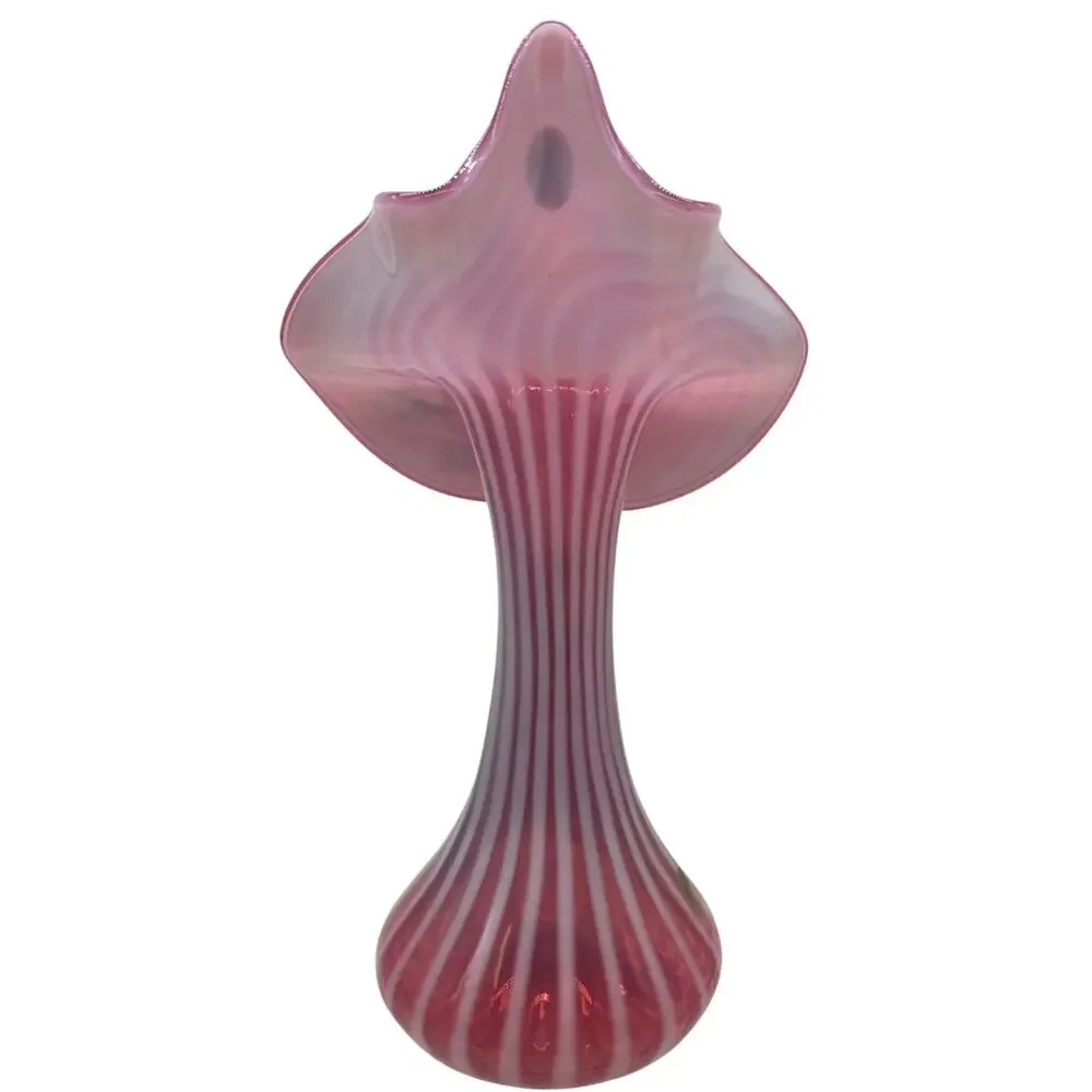 FENTON CRANBERRY OPAL RIBBED OPTIC DECORATED JIP VASE MUSEUM COLL SIGNED